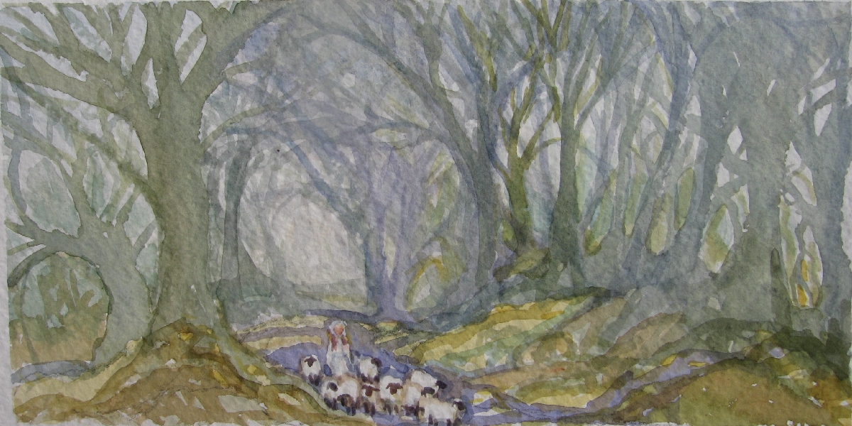 watercolor English sheep woods landscape