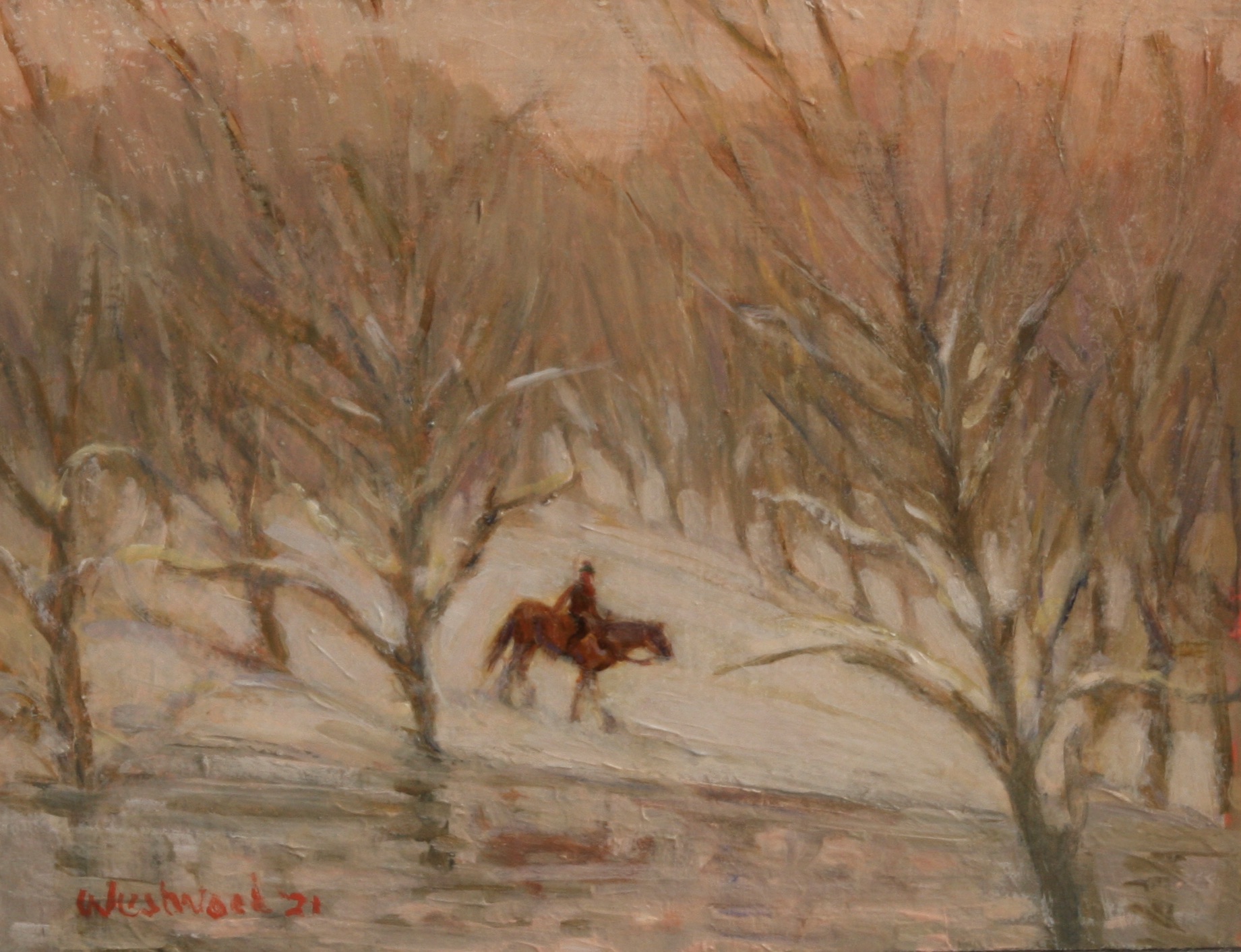 English landscape, horse, rider, snow