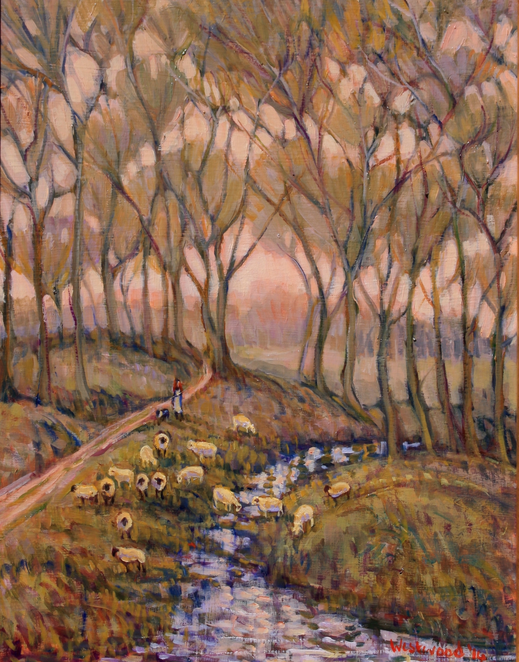 English oil landscape sheep water