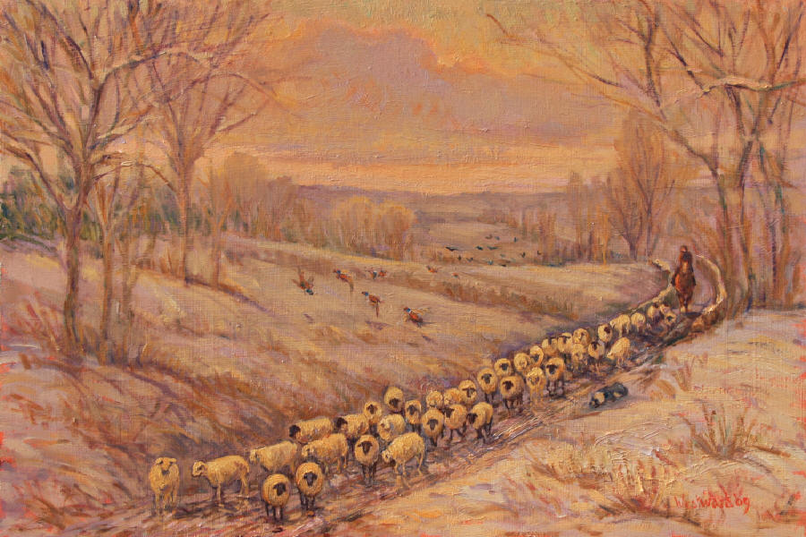 English oil snow landscape sheep